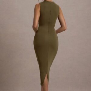 Jemma | Khaki Bodycon Ruched Midi Dress