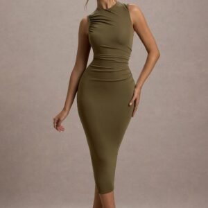 Jemma | Khaki Bodycon Ruched Midi Dress
