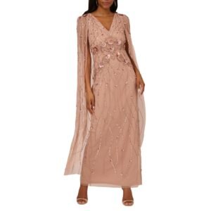 Adrianna Papell Womens Beaded Cape Evening Dress