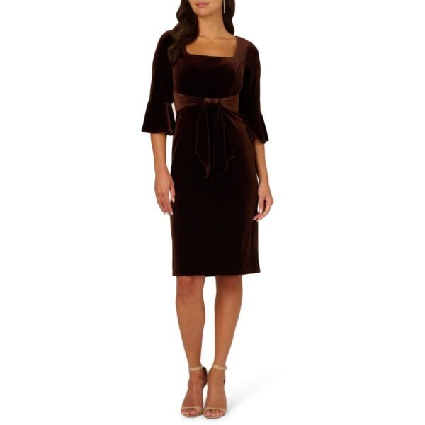 Adrianna Papell Womens Velvet Tie Front Sheath Dress